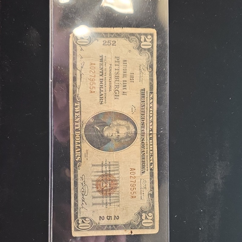 1929 $20 National Bank Note First National Bank Pittsburgh PA Serial A027955A