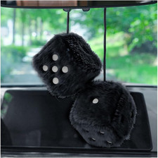Pair of Retro Square 3 inch Fuzzy Plush Dice with Dots Car Mirror Black