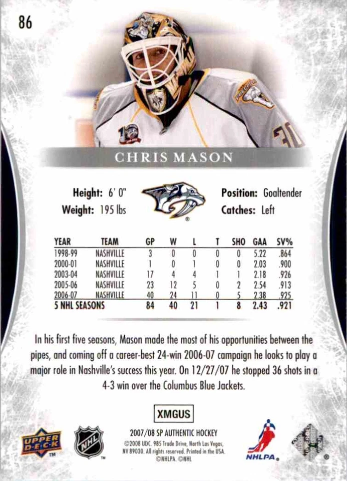 2007-08 Upper Deck SP Authentic Chris Mason #86 - Image 2 of 2