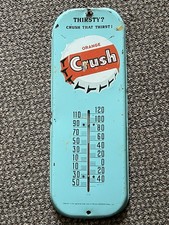 1960s VTG THIRSTY ORANGE CRUSH Soda Thermometer Tin Advertising Soda Sign