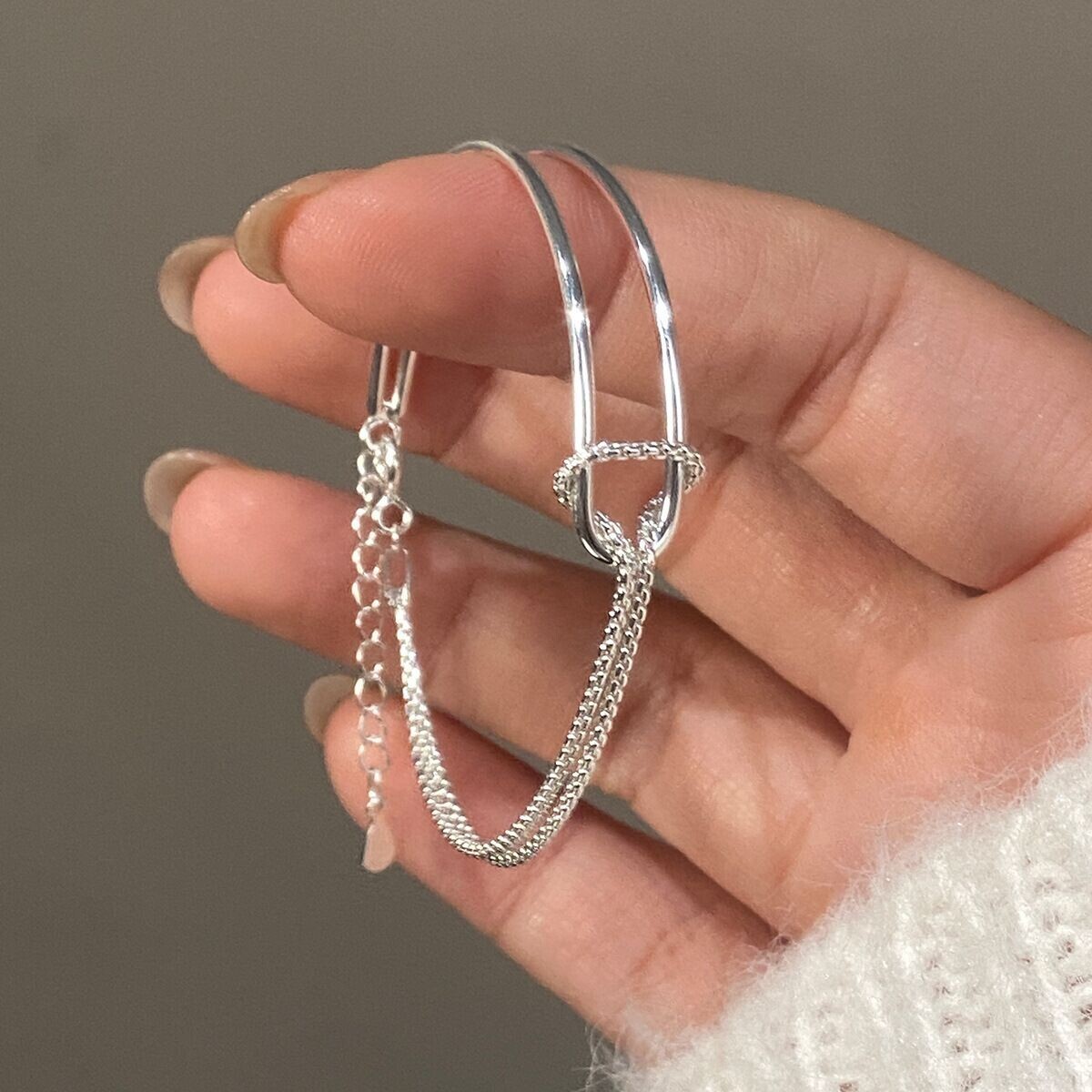 Women Real S925 Sterling Silver 2 Layers Chain Knot Bangle