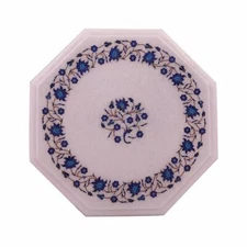 12" Marble corner side Table top semi precious stones lapis inlay handmade work