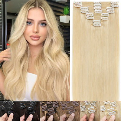 Thick Double Weft Clip In Real Remy Human Hair Extensions Full Head Blonde 150G+