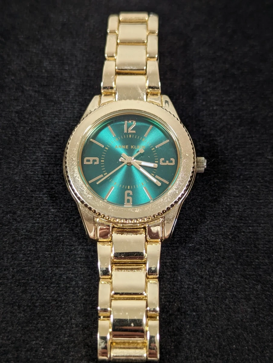 Anne Klein Green Dial Round Gold Tone Case Stainless Steel Band Watch 7.25 in