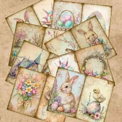 Vintage Spring Easter 16 Scrap Papiere Frühling Ostern Osterhasen Eier Kirche A5
