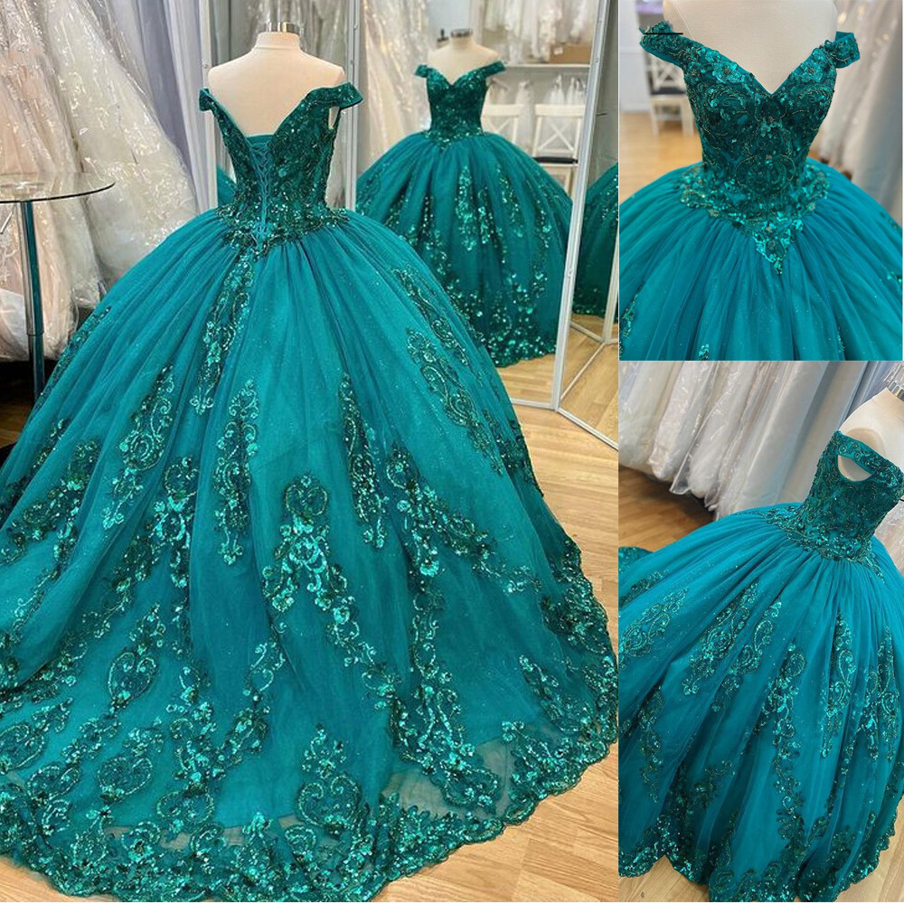 Green Quinceanera Dresses Beaded Off the Shoulder Sweet 16 Party Prom