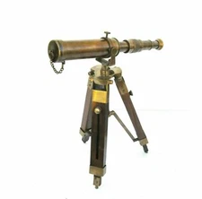 18" Brass Nautical Spyglass Polish Telescope With Brown Wooden Tripod Stand Gift