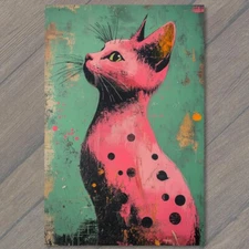 Art Print Pink Cat with Polka Dots on Green Background Bold Retro Style Cute