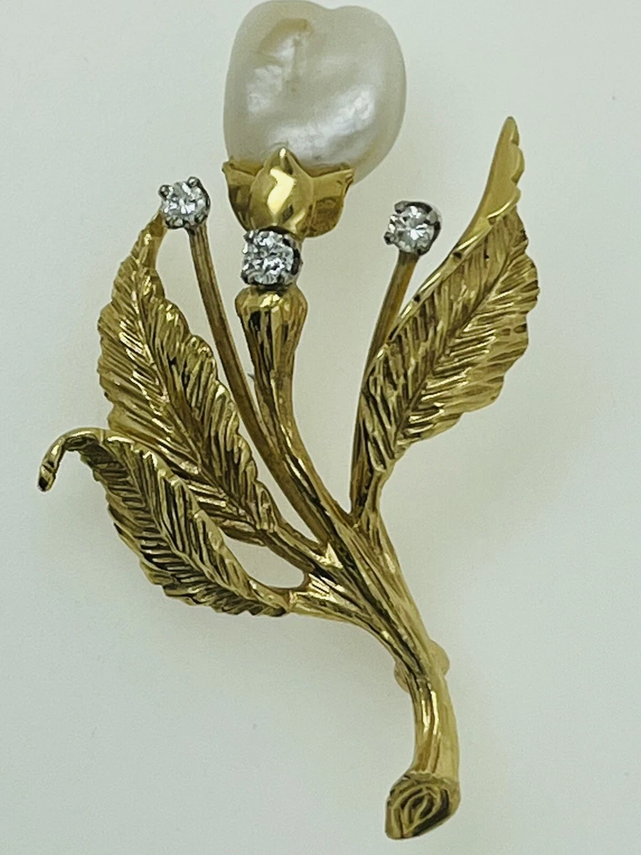 14K GOLD BAROQUE PEARL AND DIAMOND BROOCH