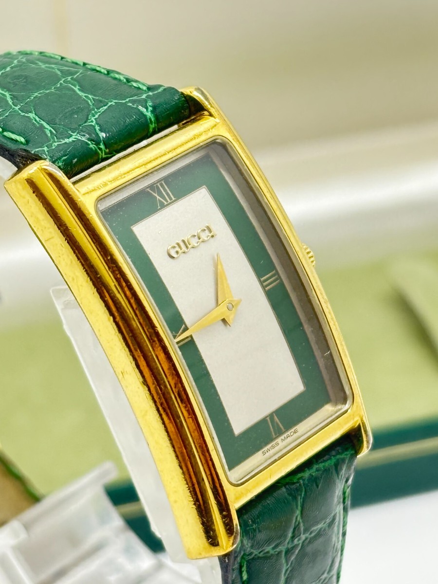 Near Mint w/Box] GUCCI 2600M Gold Plated Green Dial Quartz Men's