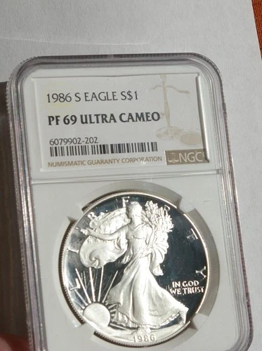 1986 S PROOF SILVER EAGLE PF69 ULTRA CAMEO - 1st Year Issue ASE GOLD Label NGC