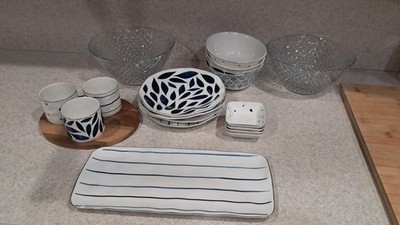 Lenox Blue White 15pc Dinnerware Set Plates Bowls Tray Pasabahce Glass Bowls Lot