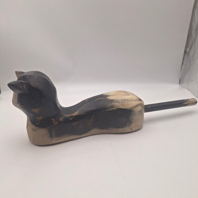 Folkart Primitive Cat Wooden Carved By S.D. Meadows SD Distressed Wood