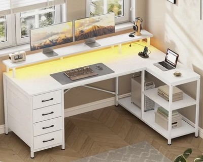 L-Shaped Computer Desk with 4 Drawers, Storage Shelves   White, Brand New