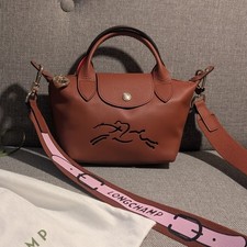 Longchamp Le pliage Xtra XS Tasche Braun Cognac Leder Pferd Logo Rot Rosa