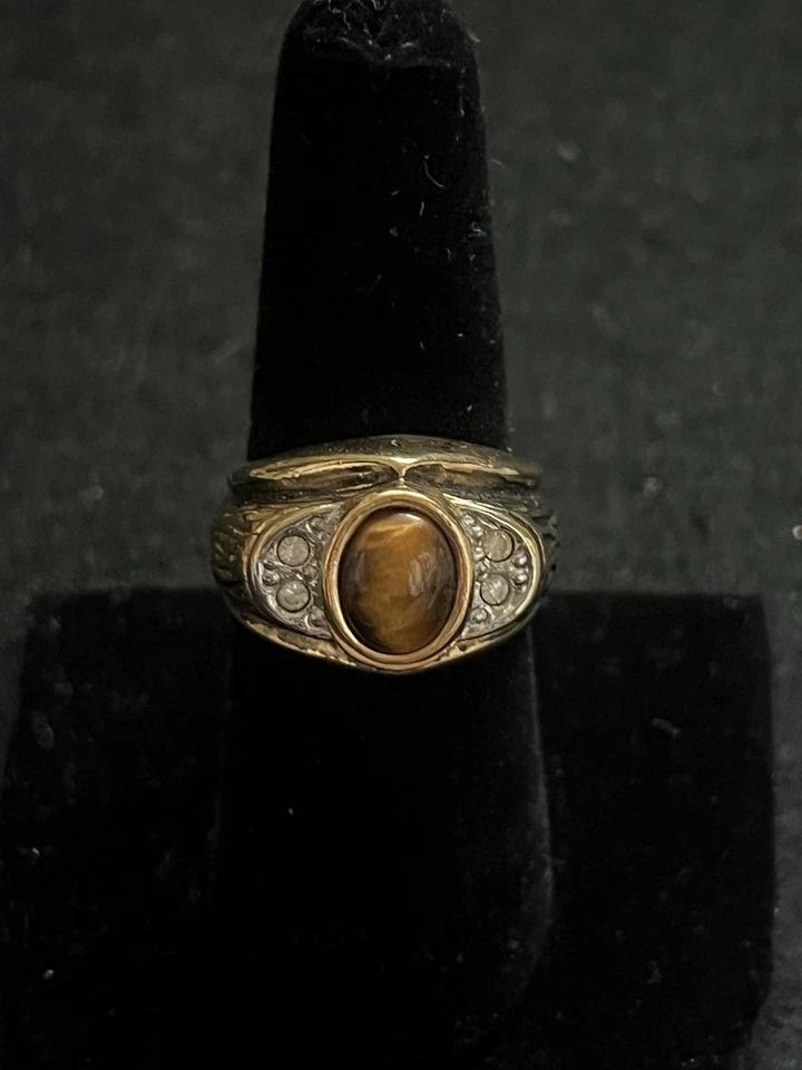 Vtg Unique 14k Gold GP Tigers Eye Mens Signet Ring Size 7.75 / Heavy 12g! Signed - Image 2 of 4