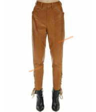 Womens Tan Lambskin Leather Skinny Pants Slim Fit Lace Up Classic Trousers Style