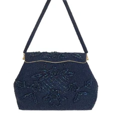 Vintage Glass Beaded Evening Bag Purse Navy Blue Hand Made in Hong Kong