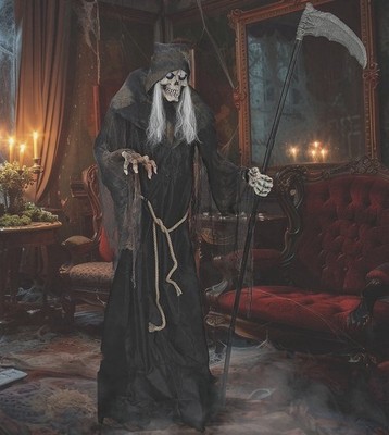 Grim Reaper Halloween Prop Black Robe Skeleton Face Life-Sized Scythe