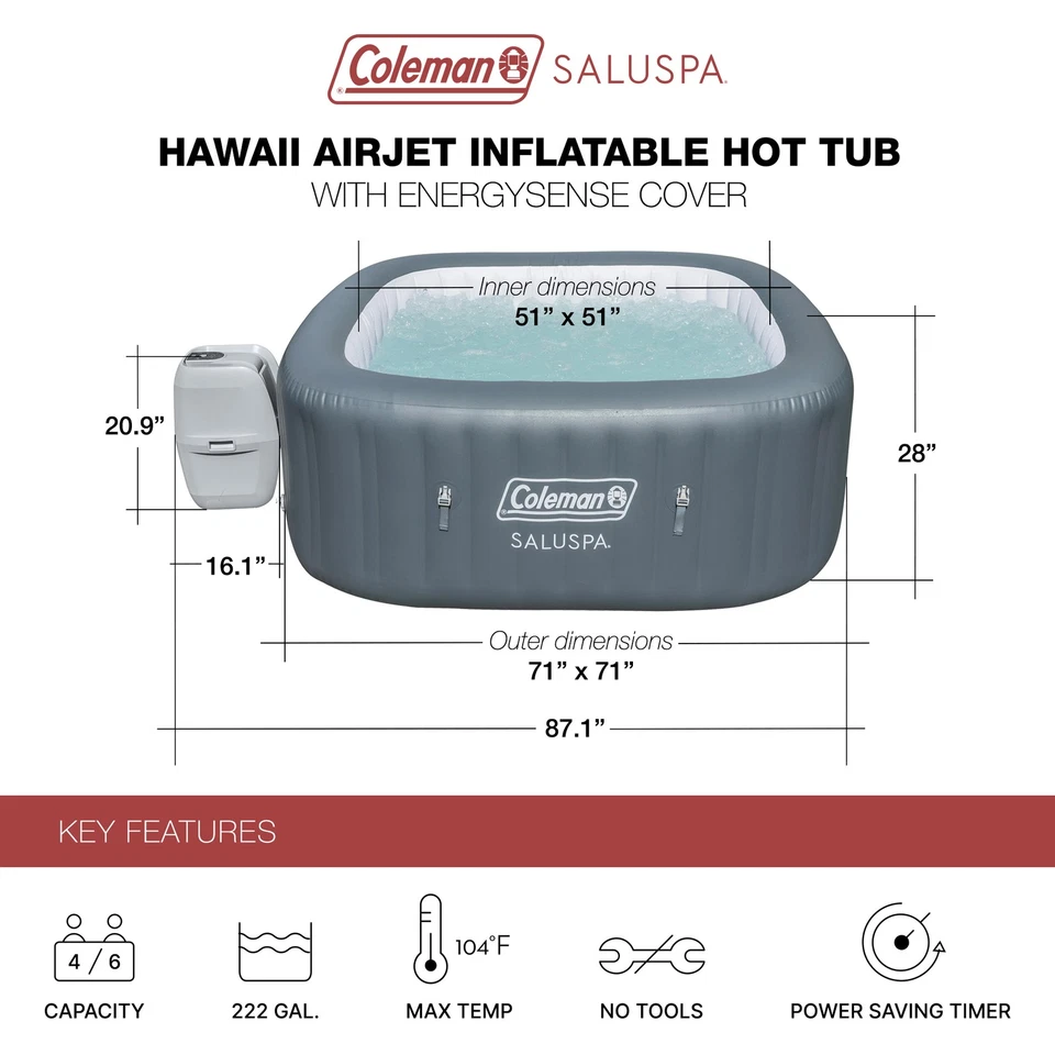 Bañera de hidromasaje inflable cuadrada Coleman Hawaii AirJet con cubierta EnergySense, gris Foto 3 de 4