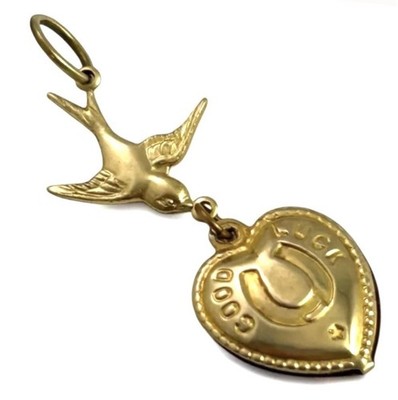 Lucky Charm Necklace Pendant Vintage Good Luck Heart Flying Bird Brass Jewelry