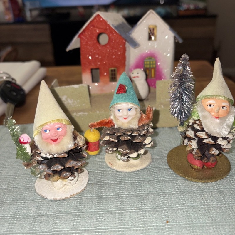 Vintage Putz Christmas House With Snowman & Three Putz Pine Cone Elves Ornaments