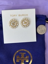 Auth NEW Tory Burch Kira GOLD Crystal  Pearl Stud Earrings /card Dust Bag