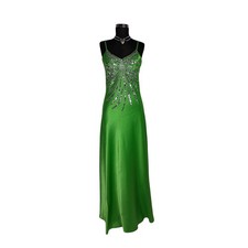 Vintage Y2K Green Sequin Maxi Dress Satin Slip Evening Gown 2000s Prom