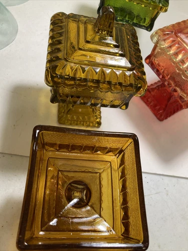 Indiana Jeanette Glass Wedding Box Set A Three Amber Red And Yellow and with Lid