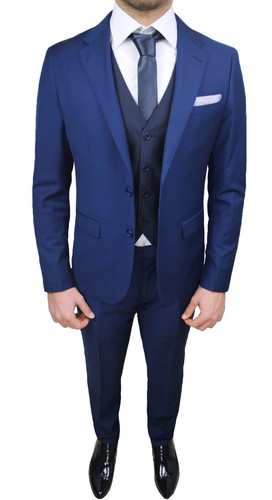 ABITO UOMO SARTORIALE BLU ELEGANTE SET COMPLETO CON GILET CRAVATTA E  POCHETTE | eBay