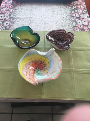 3 Pretty Vtg Murano Italy Art Glass Ashtray Dish Estate Find Unique Color