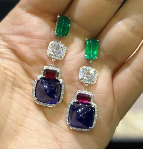 Blue Sapphire Pink Tourmaline White CZ Green Emerald Studded Bridal Drop Earring - Picture 1 of 4