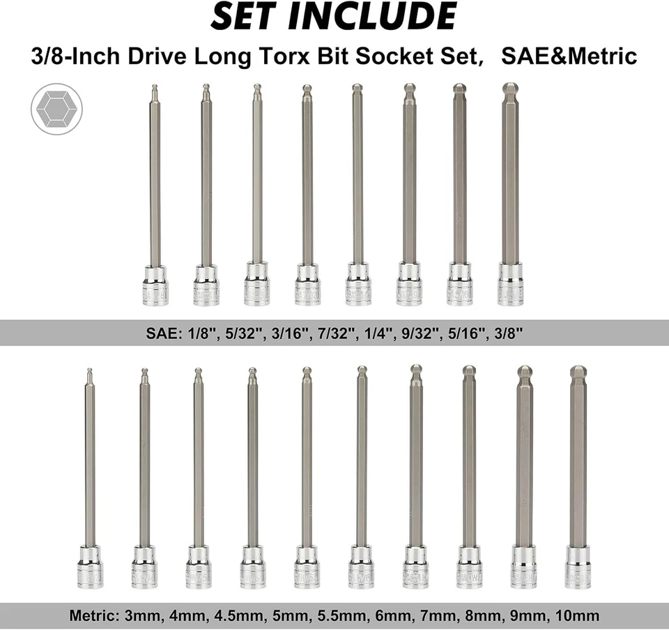 Juego de brocas hexagonales de extremo de bola extra largo de 3/8", juego de enchufes Allen de 18 piezas, Met Foto 2 de 4