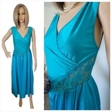 Vtg Adonna Teal Nylon Nightgown Cross Over Formfit Bodice Lace Insert Size M