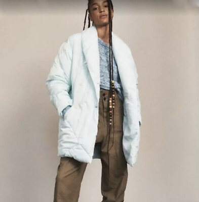 Free People Ella Longline Puffer Coat Jacket Oversize Double Breast Aqua XS  NEW