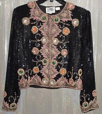 Vtg 1980's Sequin W Rhinestones Gold Stitching Silk Jacket By Party Line MEDIUM