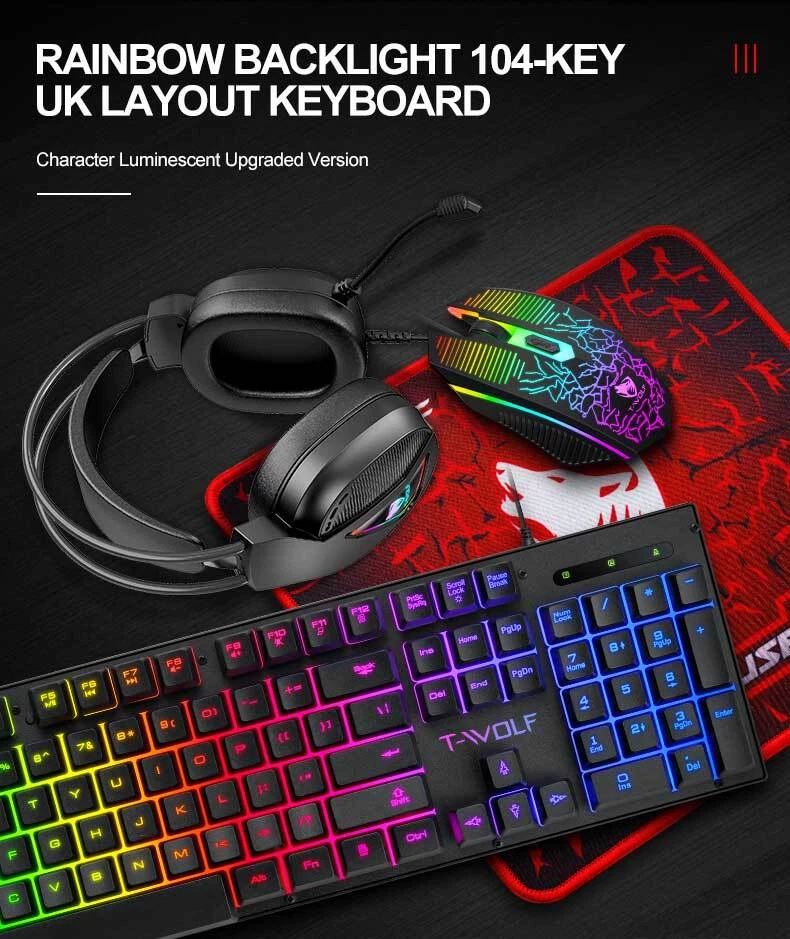4 in 1 PC Gaming Keyboard Mouse & Headset Set RGB LED Gamer Bundle w/Mouse Pad - Image 2 of 4