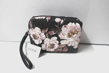 GUESS Wristlet Travel Cosmetic Case HOMESTEAD Black with soft pink flowers NWT
