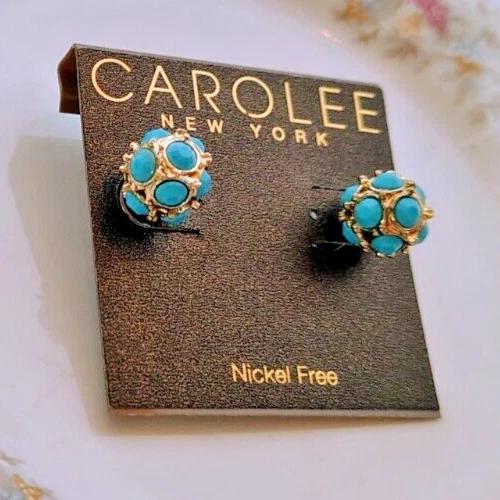 Pendientes de bola vintage Carlee New York tono dorado imitación turquesa cabujón nuevos con etiquetas Foto 2 de 4