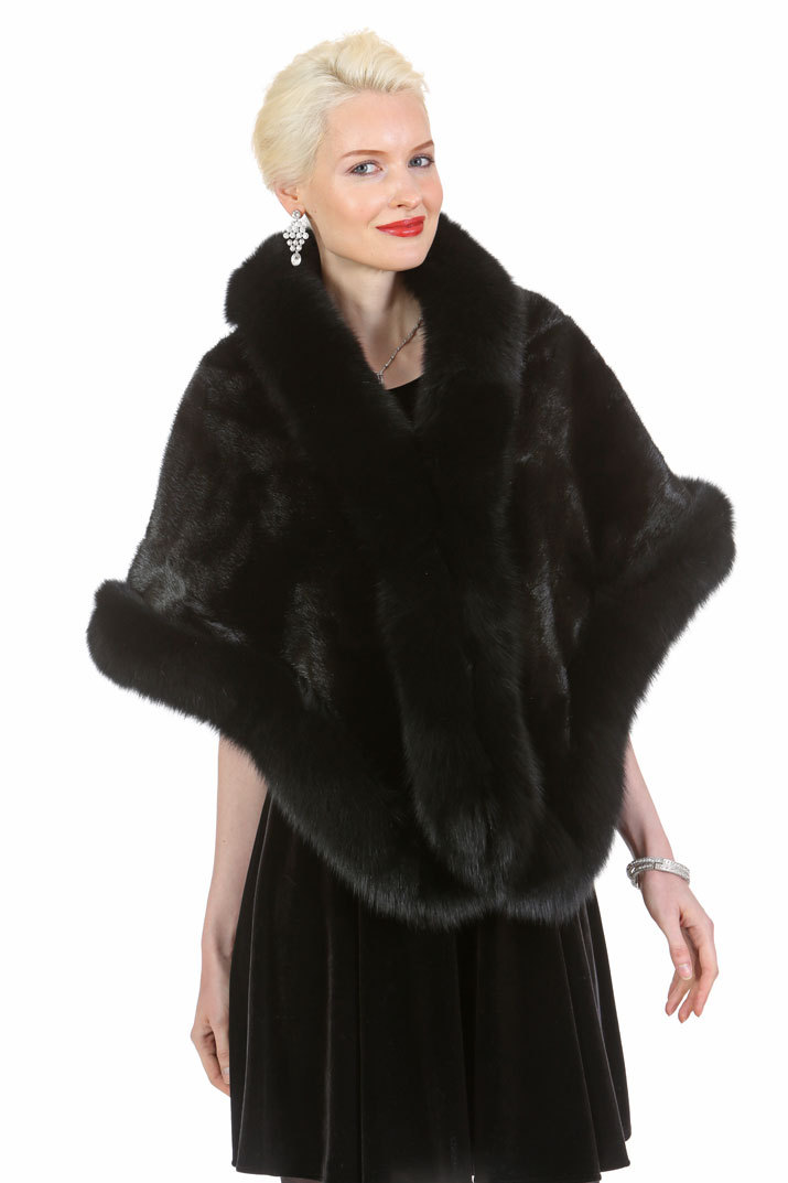 Real Ranch Mink Fur Cape Stole Wrap Shawl Plus Size Black Fox Trim