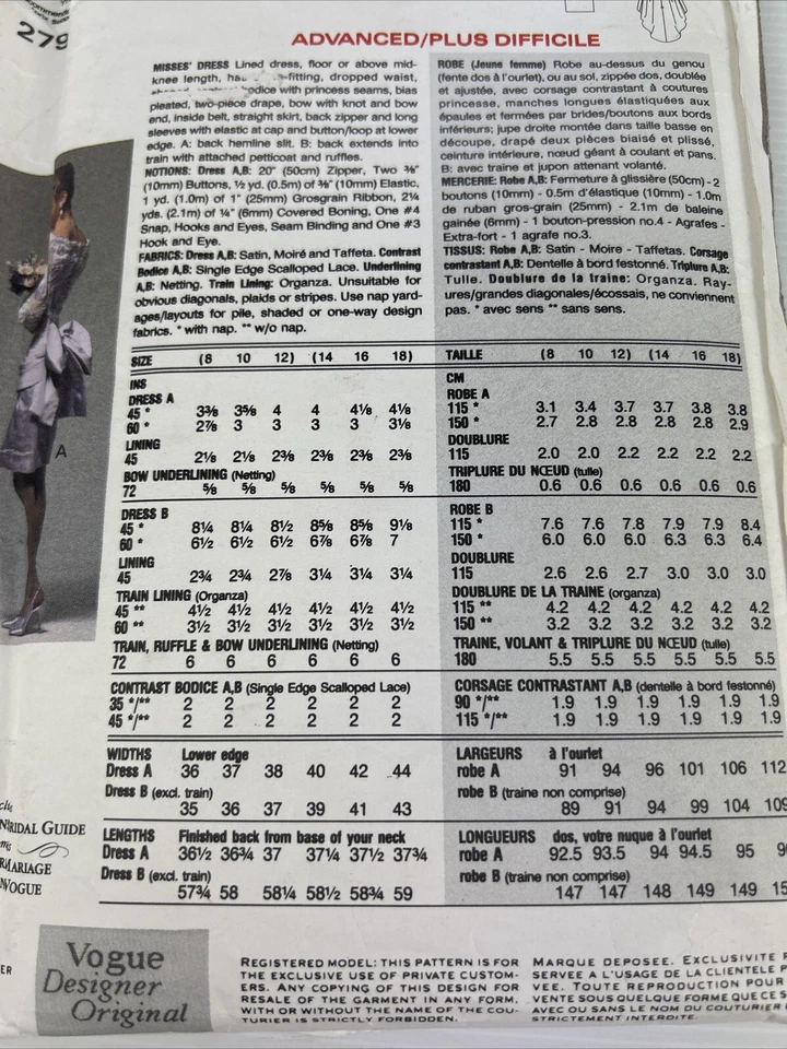 Uncut Bridal Dress Vogue Sewing Pattern 2799 Dress Size 8-10-12 Bellville Sassoo - Image 3 of 4