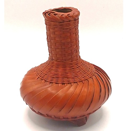 Vintage Handmade Japanese Woven Bamboo Bud Vase Brown 5"x 4"x 4" - Picture 2 of 5