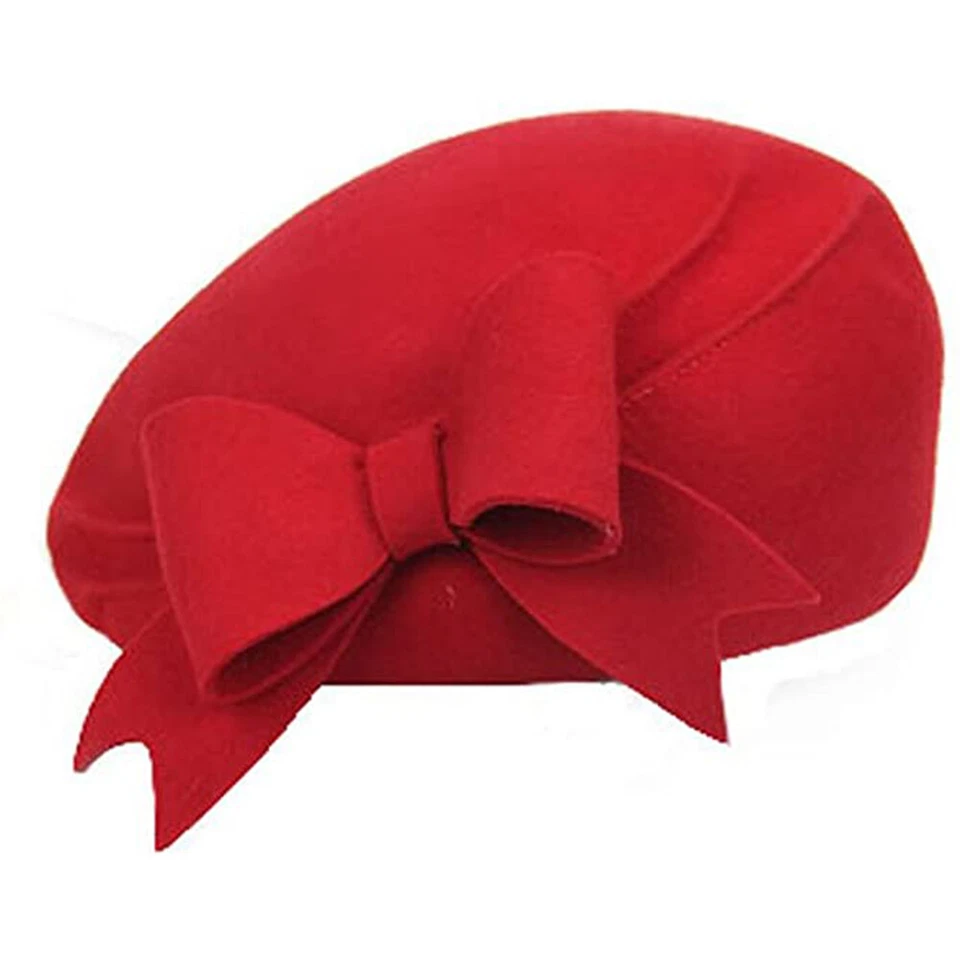 Sombreros de boda 100 % lana fieltro mujer boina francesa gorras sombrero fedora fascinador rojo Foto 3 de 4