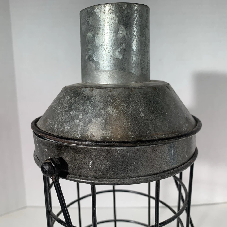 Rustic Primitive Style Round Caged Galvanized Tin Metal Lantern Candle Holder - Image 3 of 4