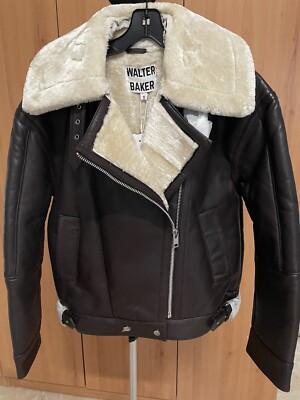 NWT Walter Baker Women Brown Leather Jacket OffWhite Faux Fur Size S NWT $898