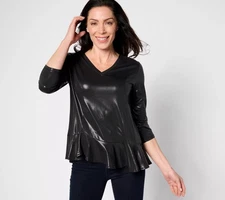 Women with Control Attitudes by Renee Shimmer V-Neck Cha Cha Hem Top Midnight L 