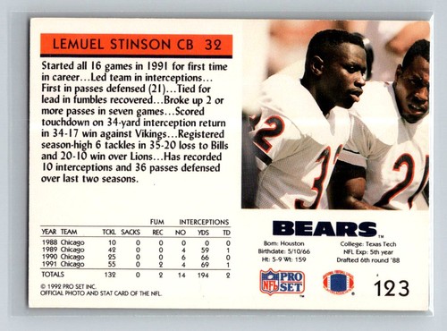 1992 Pro Set #123 Lemuel Stinson Chicago Bears Football Card - Picture 2 of 2
