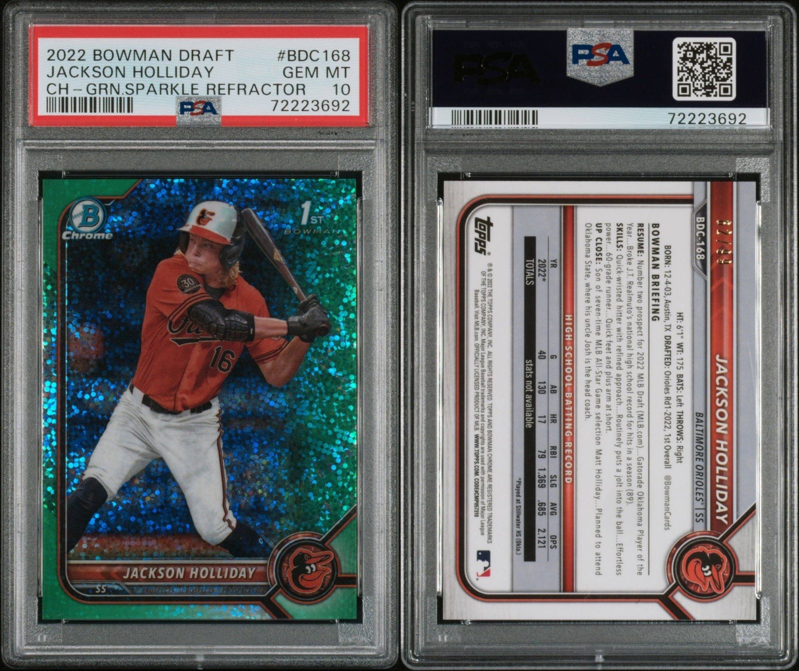 2022 Bowman Draft - Chrome Jackson Holliday #BDC-168 Green Sparkle Refr /99 (RC) view 3