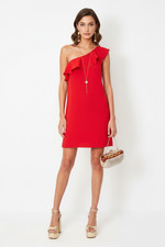 NWT Sezane Dress 38 6 US Louison One Shoulder Mini Red Wedding Asymmetric Ruffle