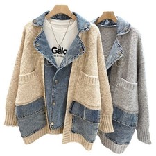Women Winter Fall Splicing Jacket Warm Coat Button Up Casual Loose Style Outwear